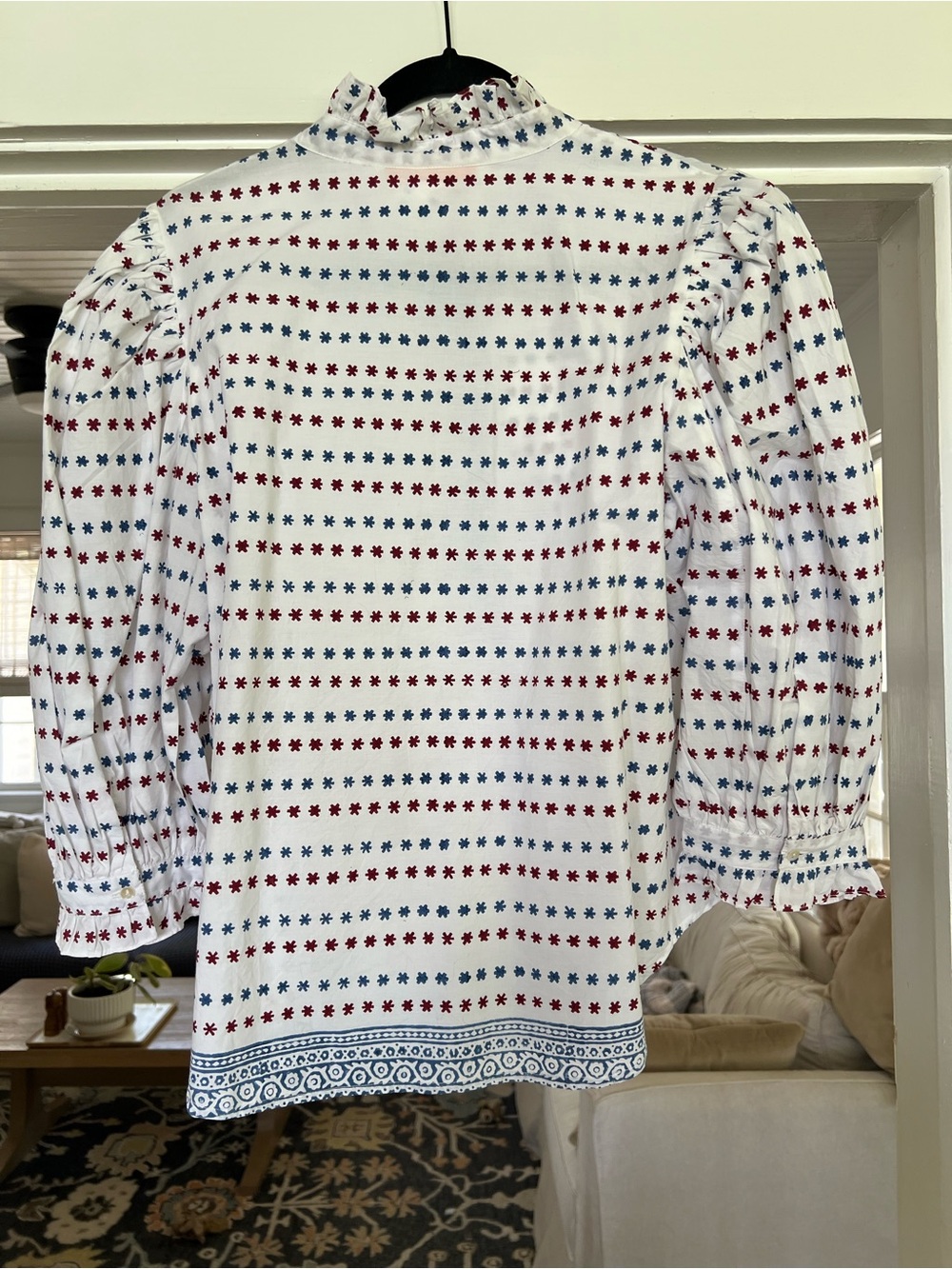 OLIPHANT Ruffle Front Button Blouse In Ellis Blue In White - Picture 2 of 4